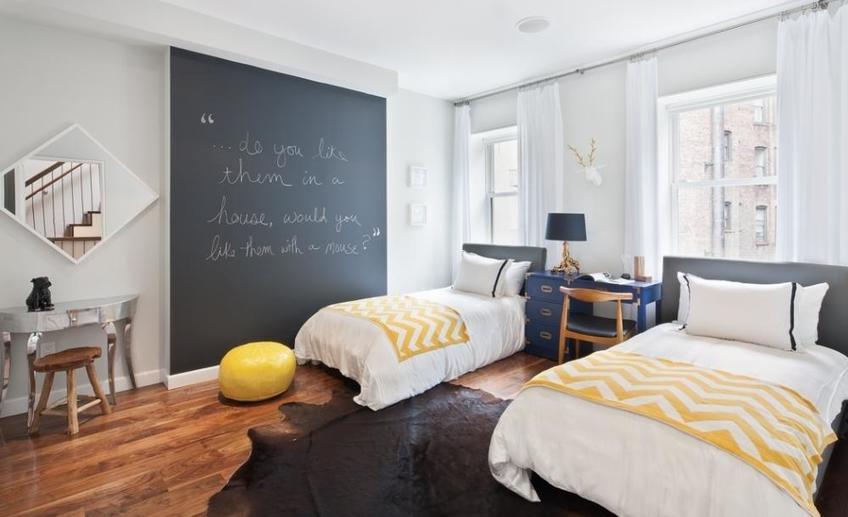 Contemporary kids bedroom with throw blanket and chalkboard paint i g is529ybsko8oct0000000000 y1qrv