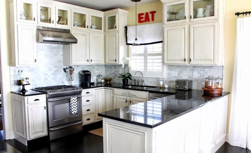 Cool black and white kitchen window valance also marble countertop idea feat cute glass pendant light for sink